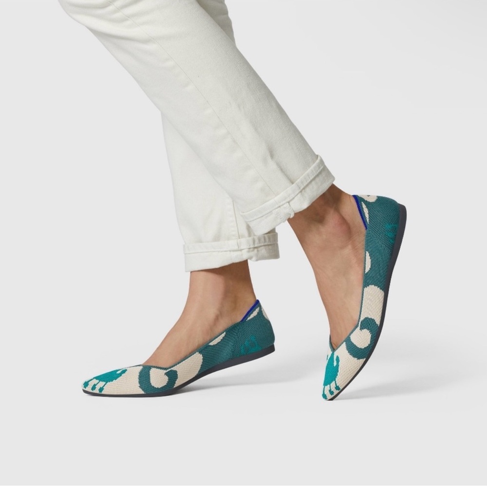 Rothy’s The Point Moroccan Green Teal and Cream Knit Ballet Flats Womens 10 NWT